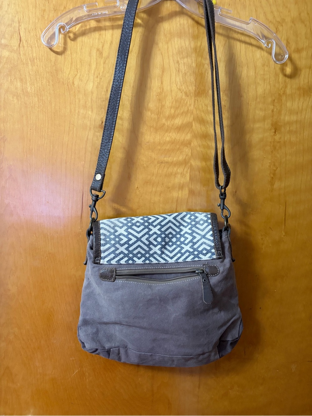 Myra Bag Gray Crossbody with Geometric Woven Flap